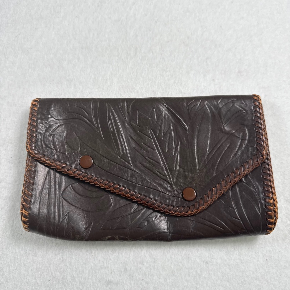 Vintage Hand Tooled Leather Clutch Dark Brown Whipstitch Floral Embossed Bag